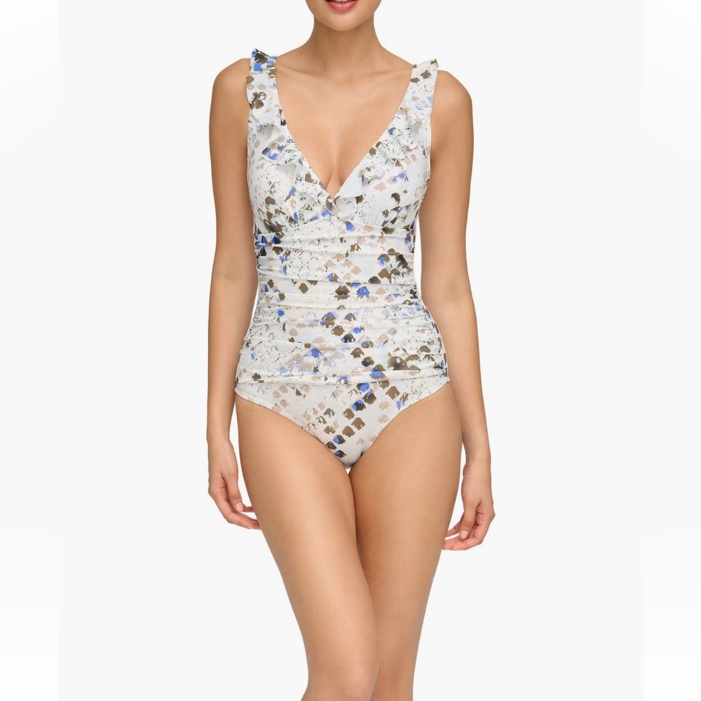 DKNY Ruffle Plunge Underwire Tummy Control One Piece Swimsuit White Swimwear